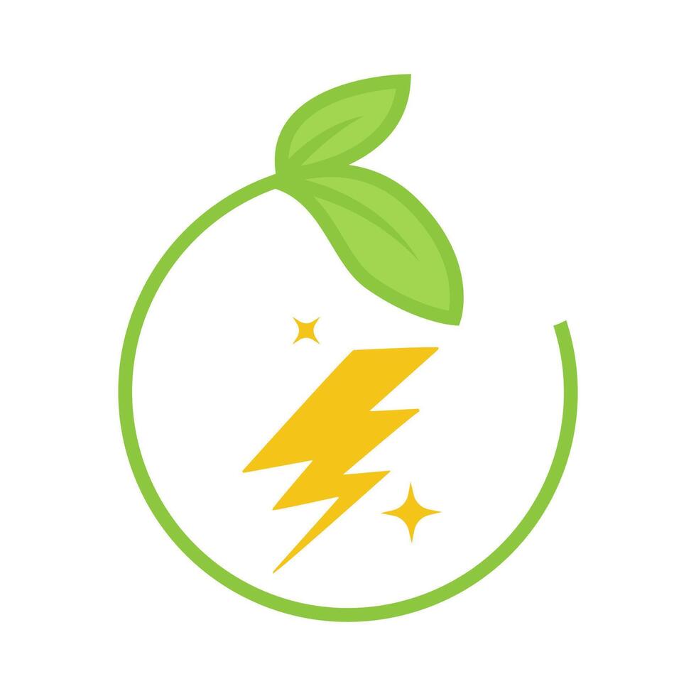 Green Energy Leaf Circle with Yellow Lightning Bolt and Stars vector