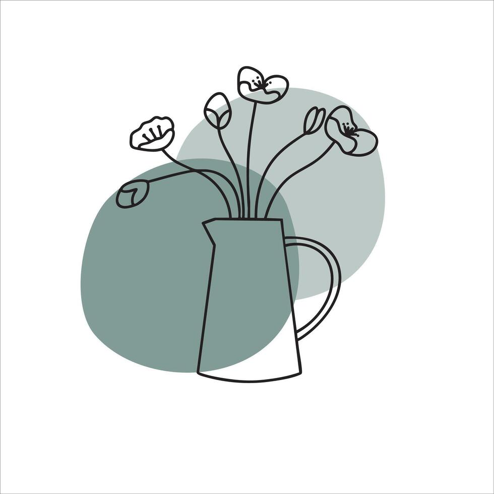 Minimalist line art illustration of simple flowers with pitcher with a abstract shapes bohemian style in teal vector