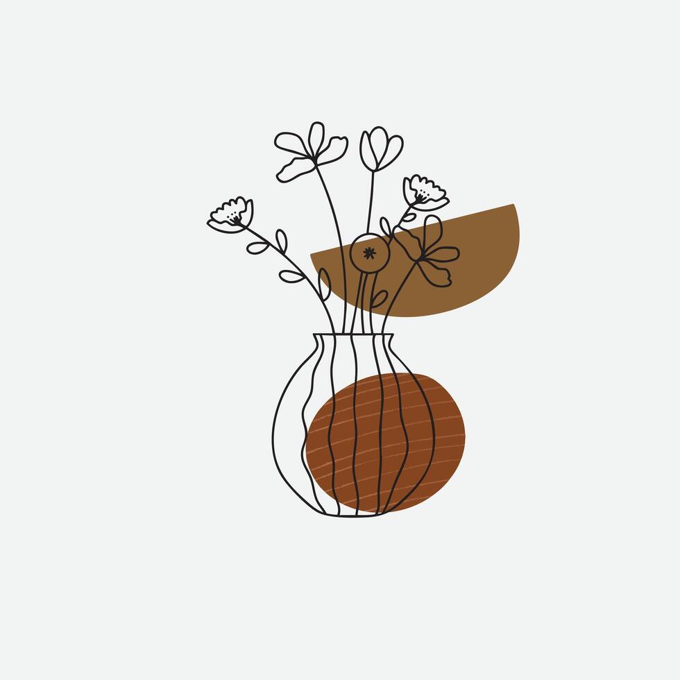 Line art illustration of stylized flowers in a vase with terracotta and beige abstract shape in bohemian style vector