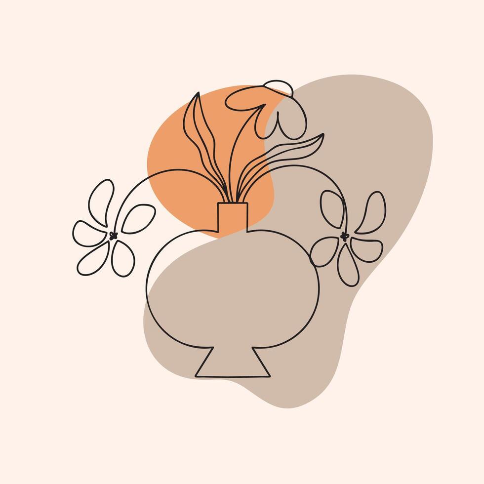 Minimalist line illustration of flowers and leaves in a vase with beige abstract shape in bohemian style vector
