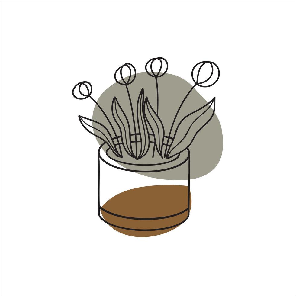 Minimalist floral illustration with outline flowers and leaves in a vase with a beige and grey abstract shape in bohemian style vector