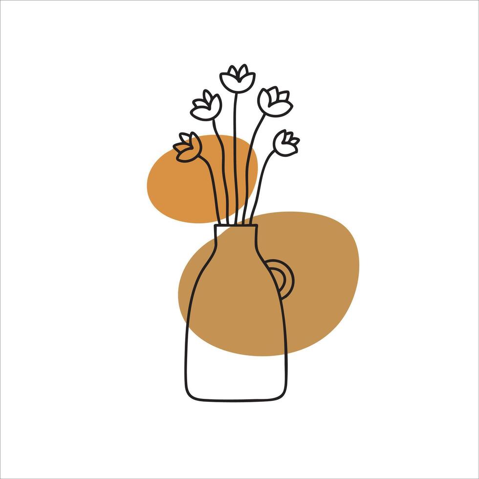 Abstract botanical illustration featuring simple line art flowers in vase with beige abstract shape bohemian style vector