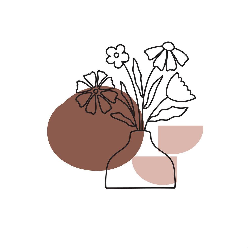 Modern line drawing of delicate flowers and leaves in a vase with brown and beige abstract bohemian style vector