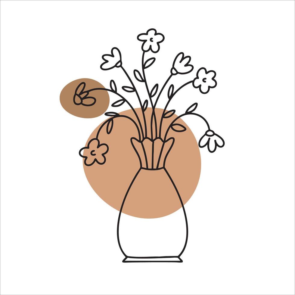 Line art of stylized flowers and leaves in a vase with beige abstract shape in bohemian style vector