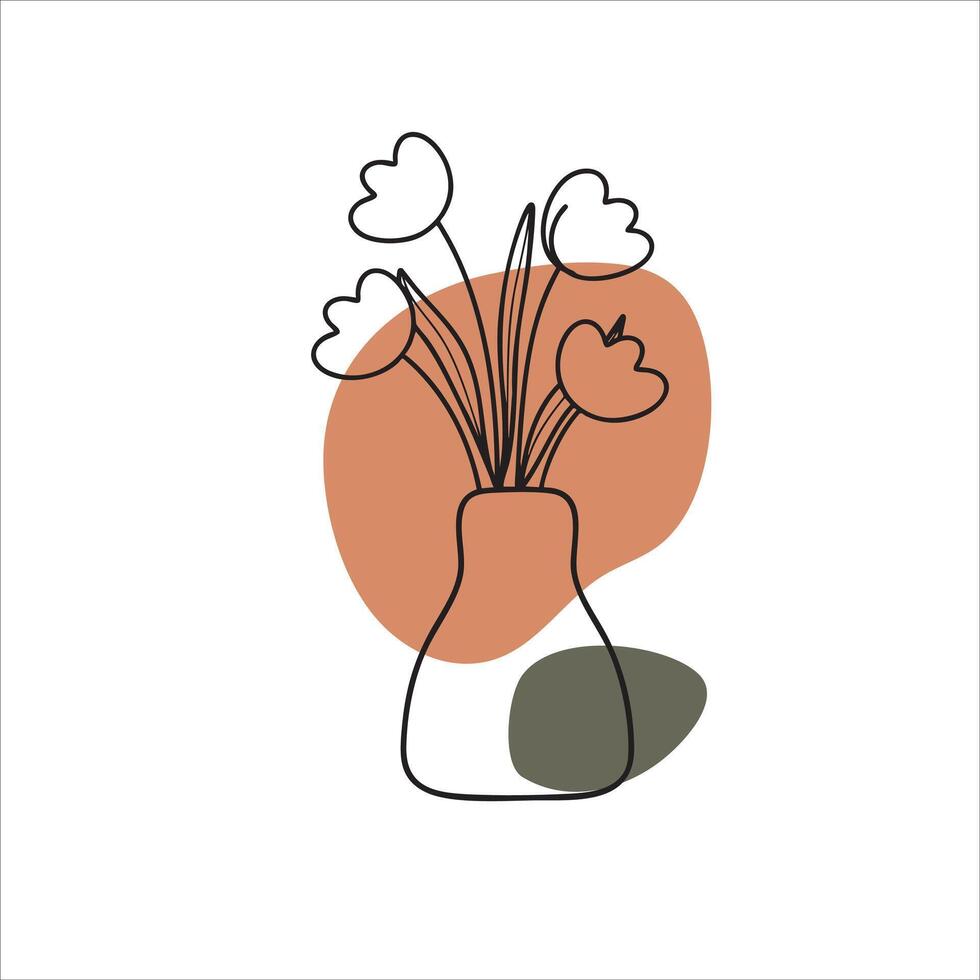 Minimalist floral illustration with outline flowers and leaves in a vase with terracotta and teal abstract shape in bohemian style vector