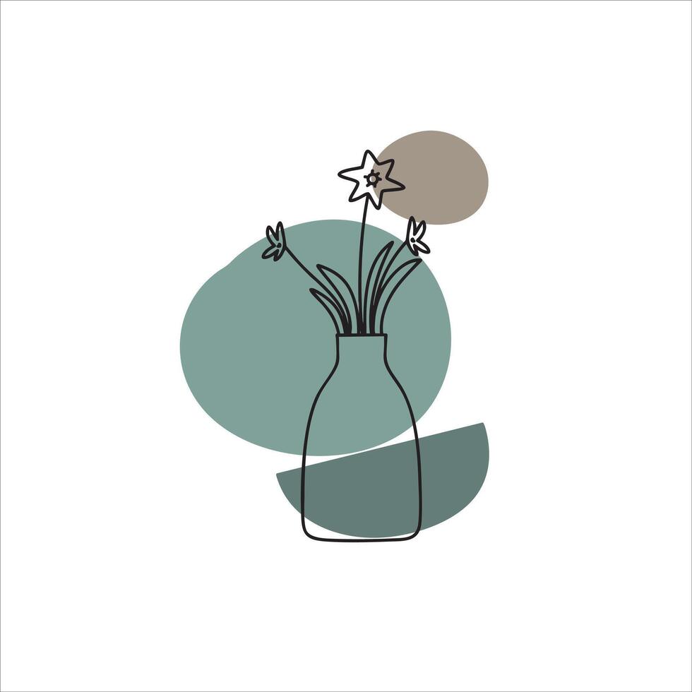 Abstract botanical illustration featuring simple line art flowers in vase with a teal and beige geometric bohemian style vector