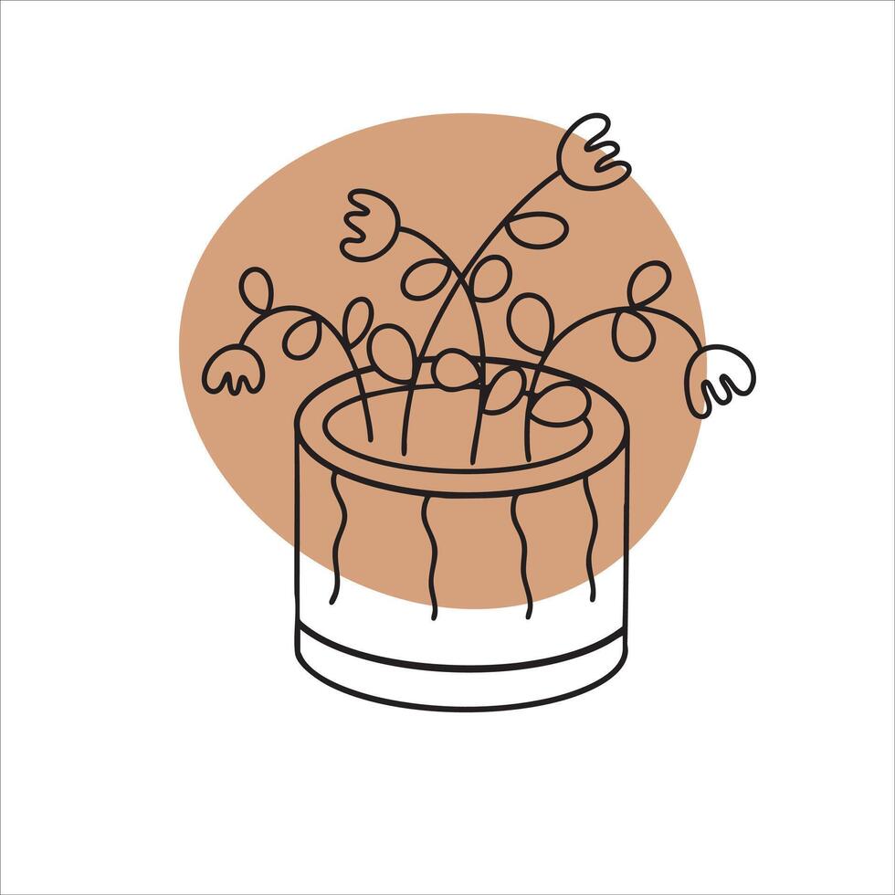Simple line art of flowers and leaves arranged in a round pot. A botanical illustration with abstract shape in bohemian style vector