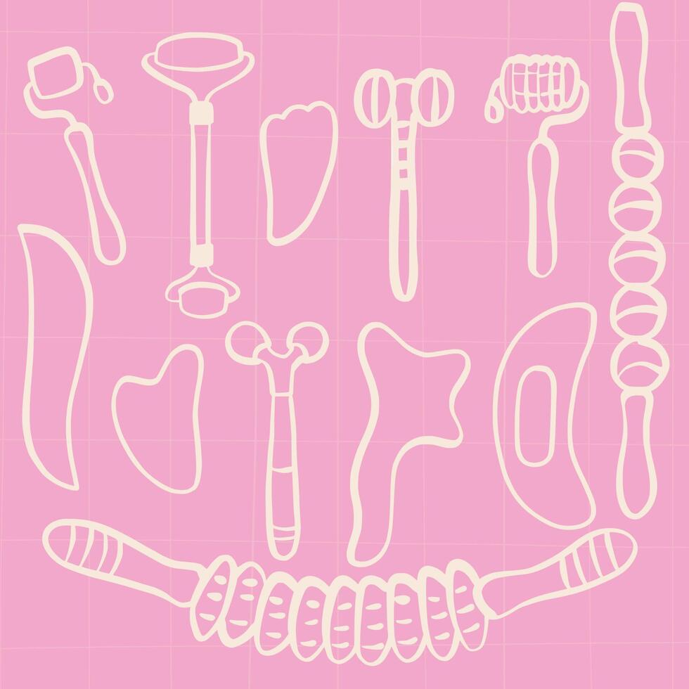Set of facial massage and skincare tool.Outline illustration of various facial massage and skincare tools, including rollers, gua sha stones and massagers on a pink background. vector