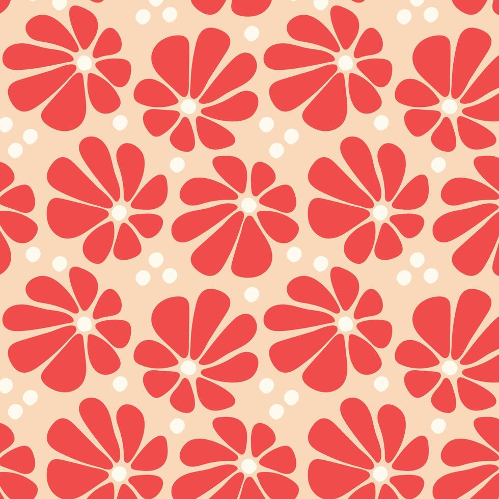 Seamless retro floral pattern in red and beige. Red flower pattern with white dots on a beige background in a seamless retro style, ideal for textiles, wallpapers, and digital design. vector