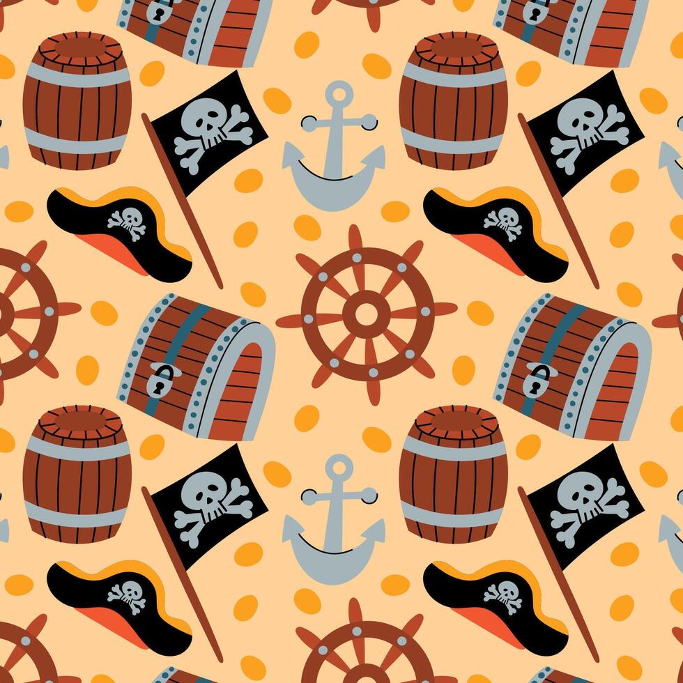 Seamless pirate-themed pattern. Hand drawn and playful, perfect for childrens textiles, wrapping paper, party decor, adventure-themed products vector