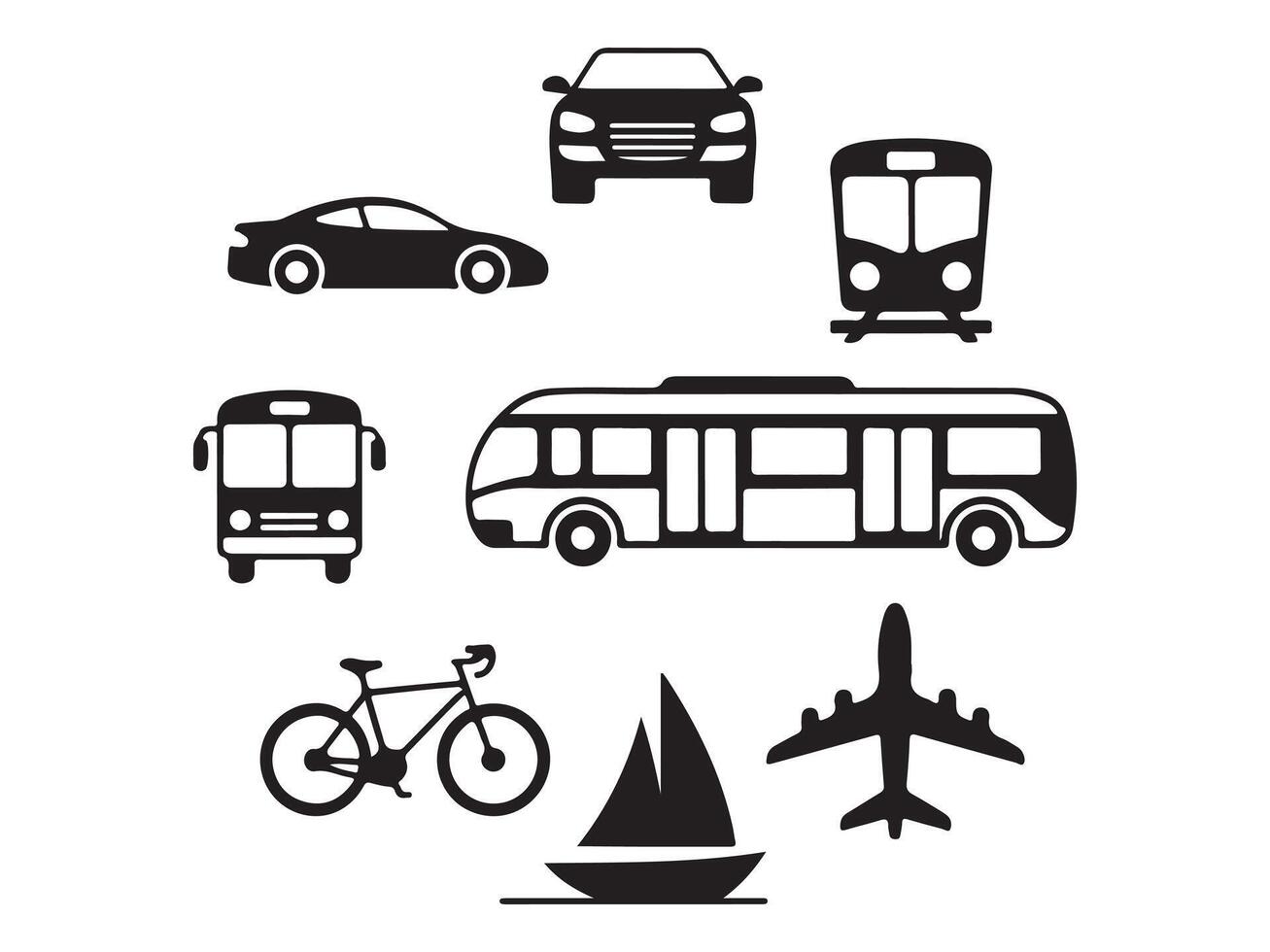 This image features a collection of simple, black and white icons representing different modes of transportation. vector