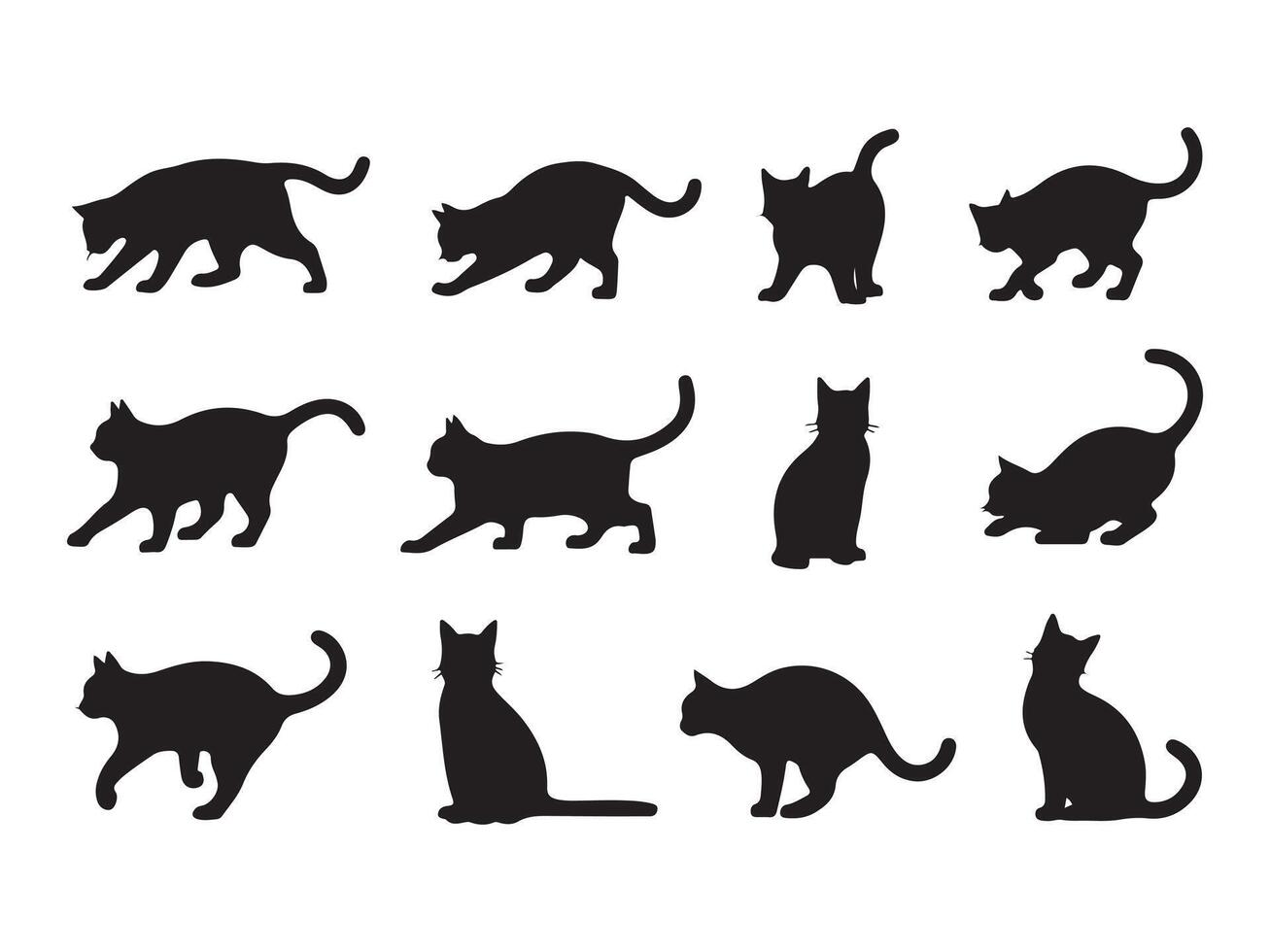 Set of Black Cat Silhouettes in Various Poses vector