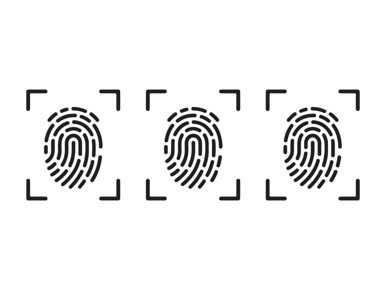 Three simple line illustrations of fingerprint scans being captured, set against a plain white background. vector