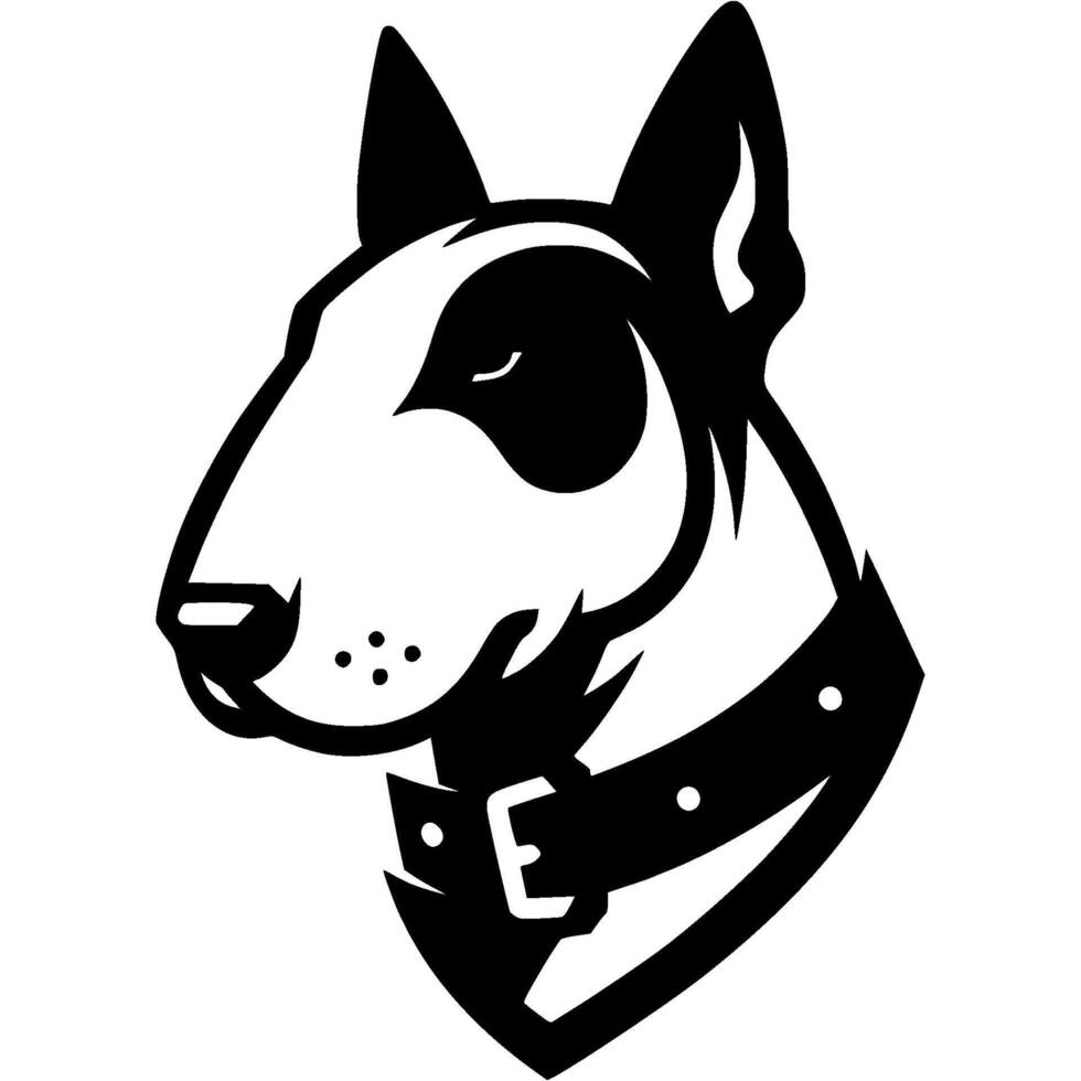 Tattoo of serious Bull terrier dog head in monochrome. Bull terrier border defender portrait side view. Engraving minimalistic image in black ink drawing on white background vector