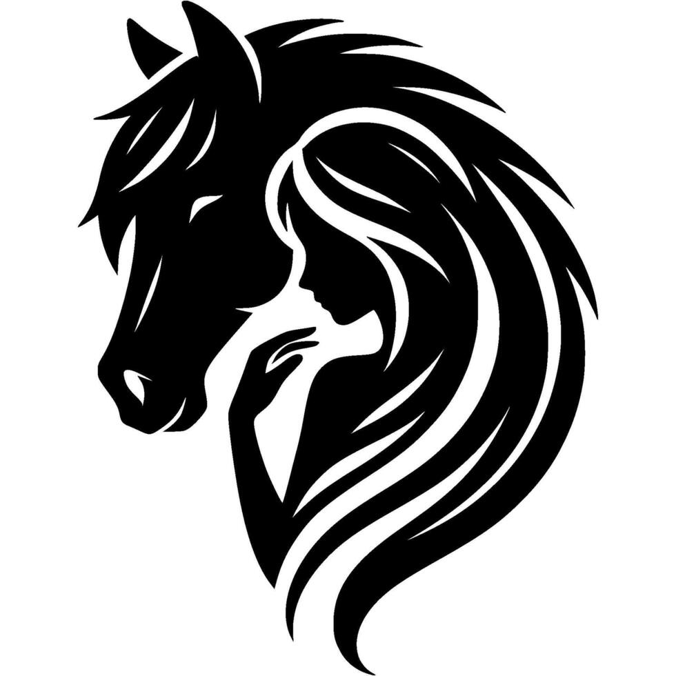 Tattoo emblem of young girl with long hair against background of horse head in monochrome. Engraving minimalistic image in black ink drawing on white background vector