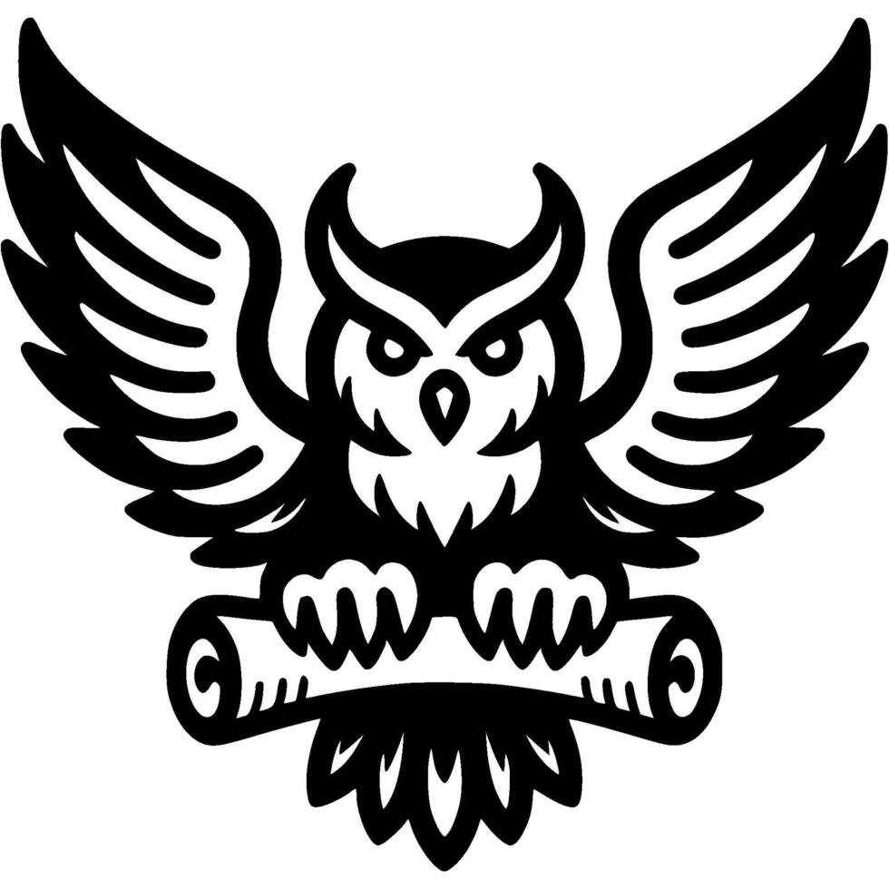 Tattoo of flying owl with its wings spread wide carries scroll letter in monochrome. Engraving minimalistic image in black ink drawing on white background vector