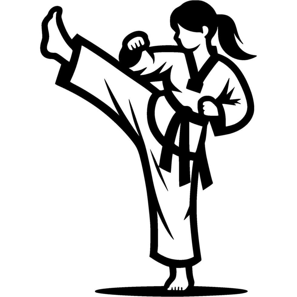 Sport emblem of girl athlete in karate kimono doing upper kick in monochrome. Engraving minimalistic image in black ink drawing on white background vector