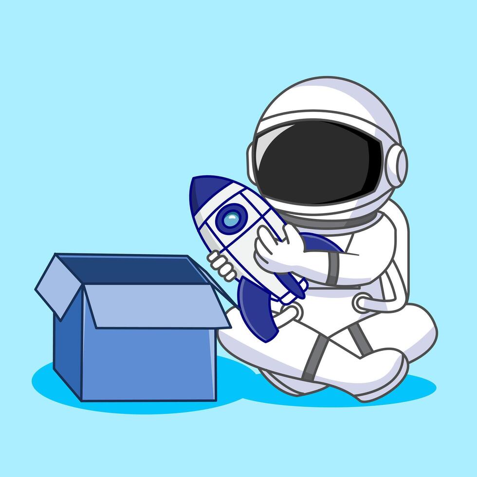 Cute Astronaut Open the Gift Box and Playing Toy Rocket Illustration Cartoon Design vector