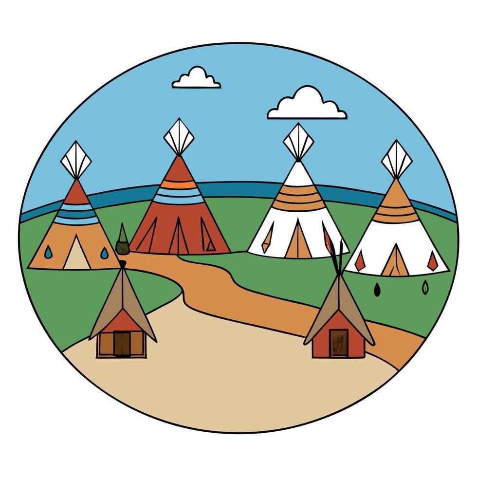 View of an indian native american village with teepee tents. Icons vector