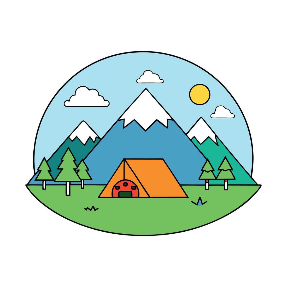 Mountain landscape with camping in nature illustration Icons vector