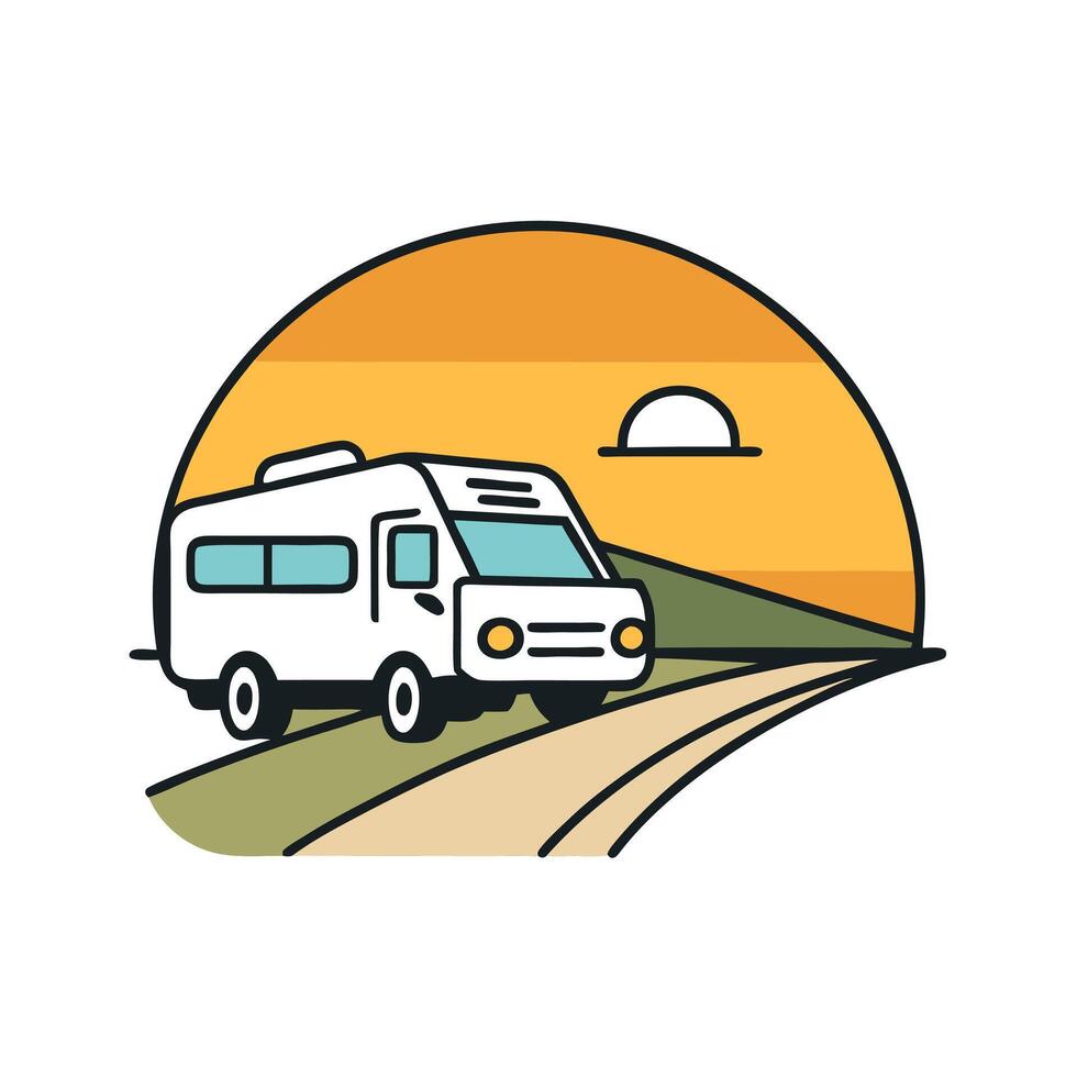 Recreational vehicle driving on country road at golden sunset Icons vector