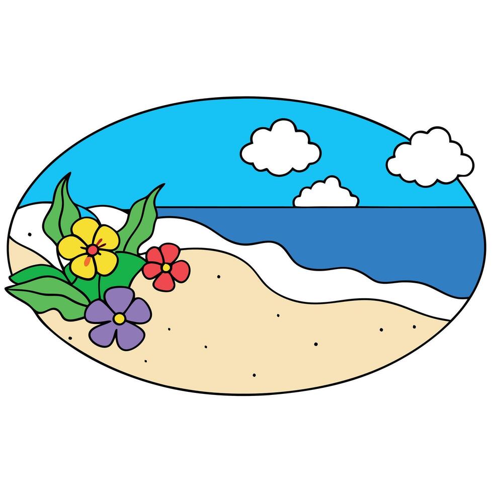 White sand beach. blue sea decorated with beautiful flowers. Icons vector