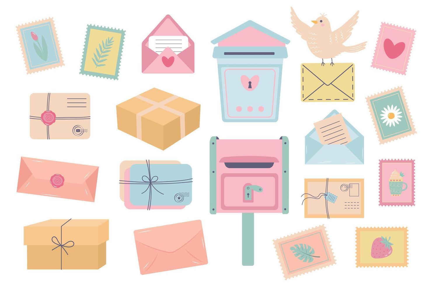 Cute pastel flat illustration of mail and delivery elements including envelopes, parcels, mailboxes, stamps and a bird vector