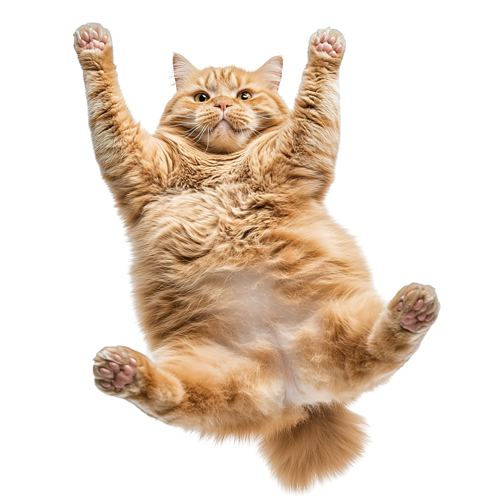 A fluffy orange cat hangs with its paws raised upwards png