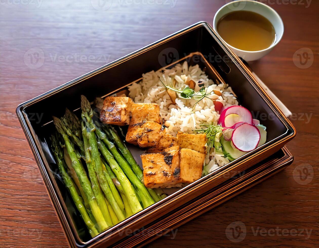 A bento box with asparagus, tofu and rice photo