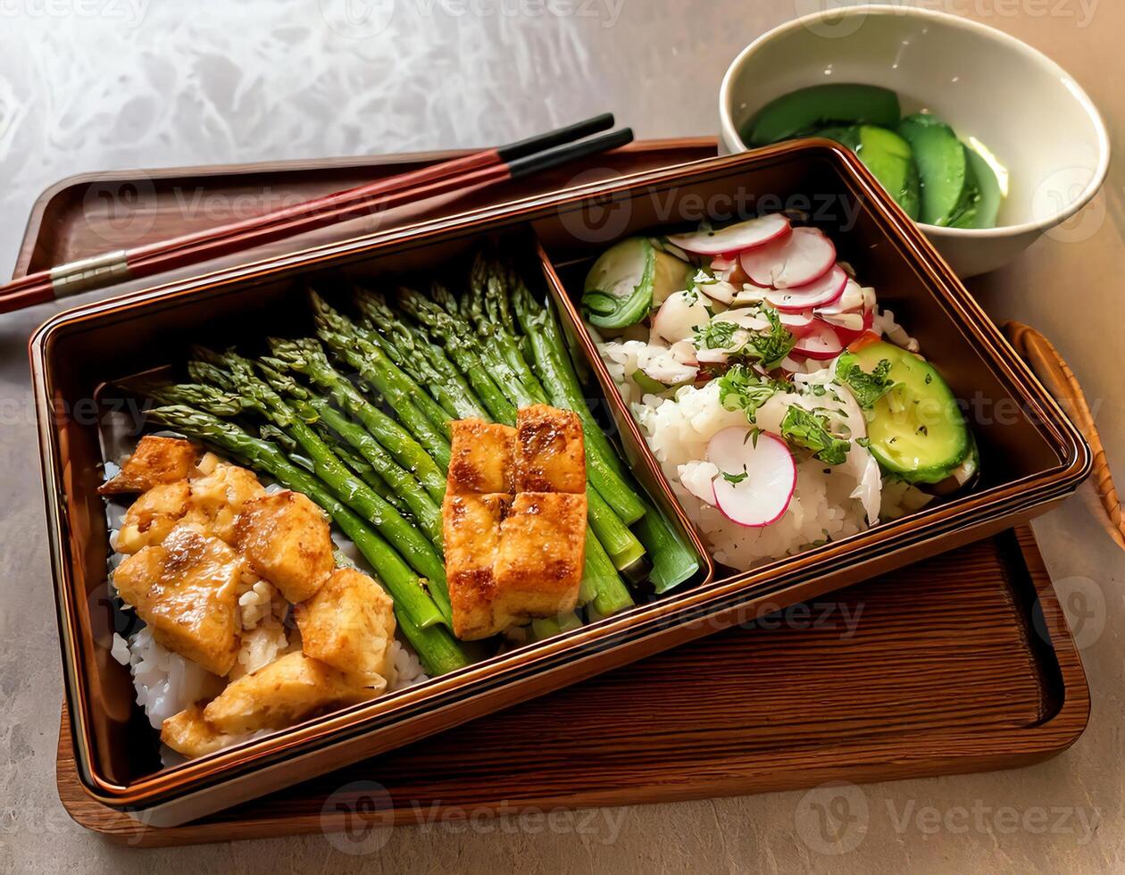 A bento box with asparagus, chicken, and rice photo