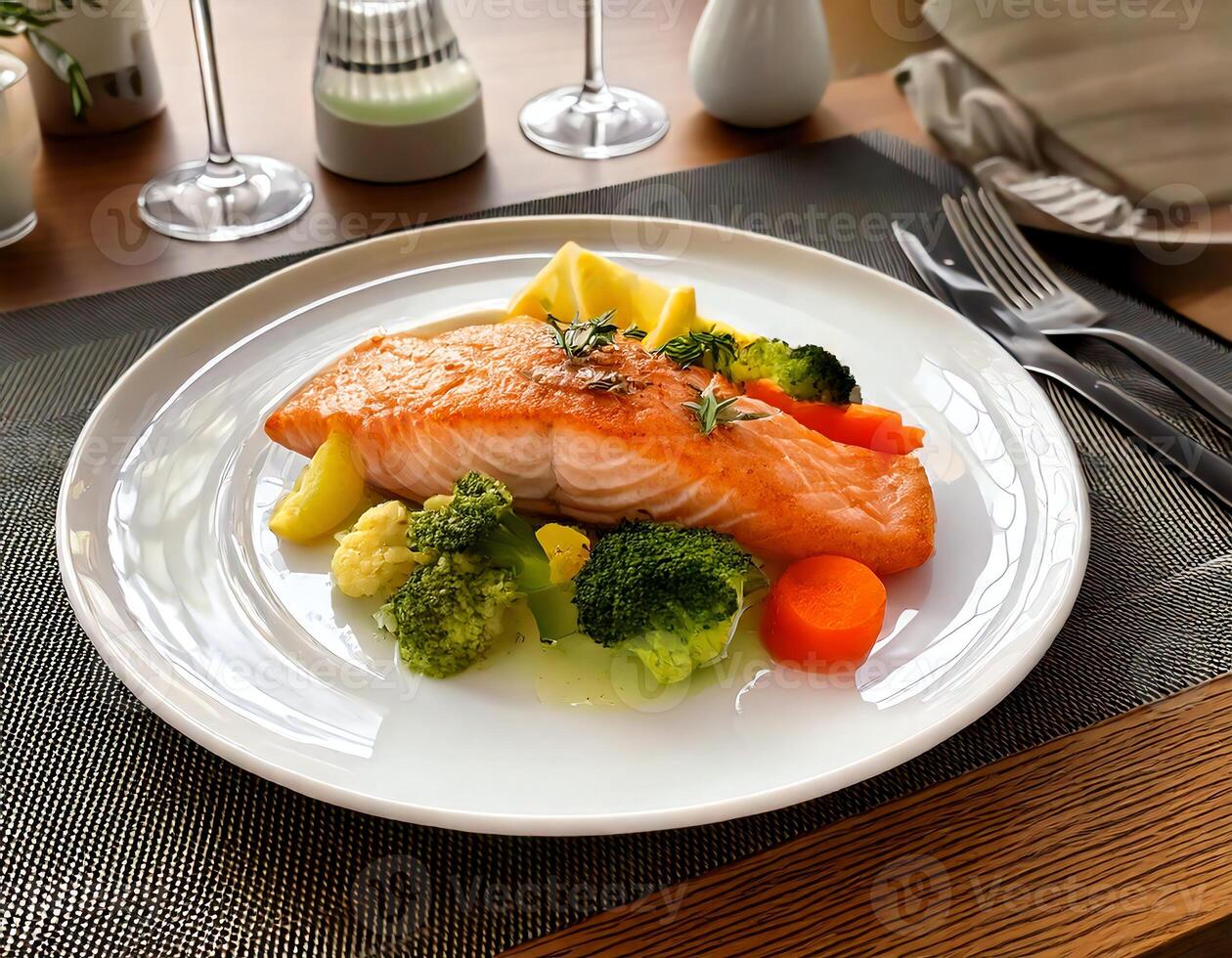 A plate with salmon, broccoli and carrots on it photo