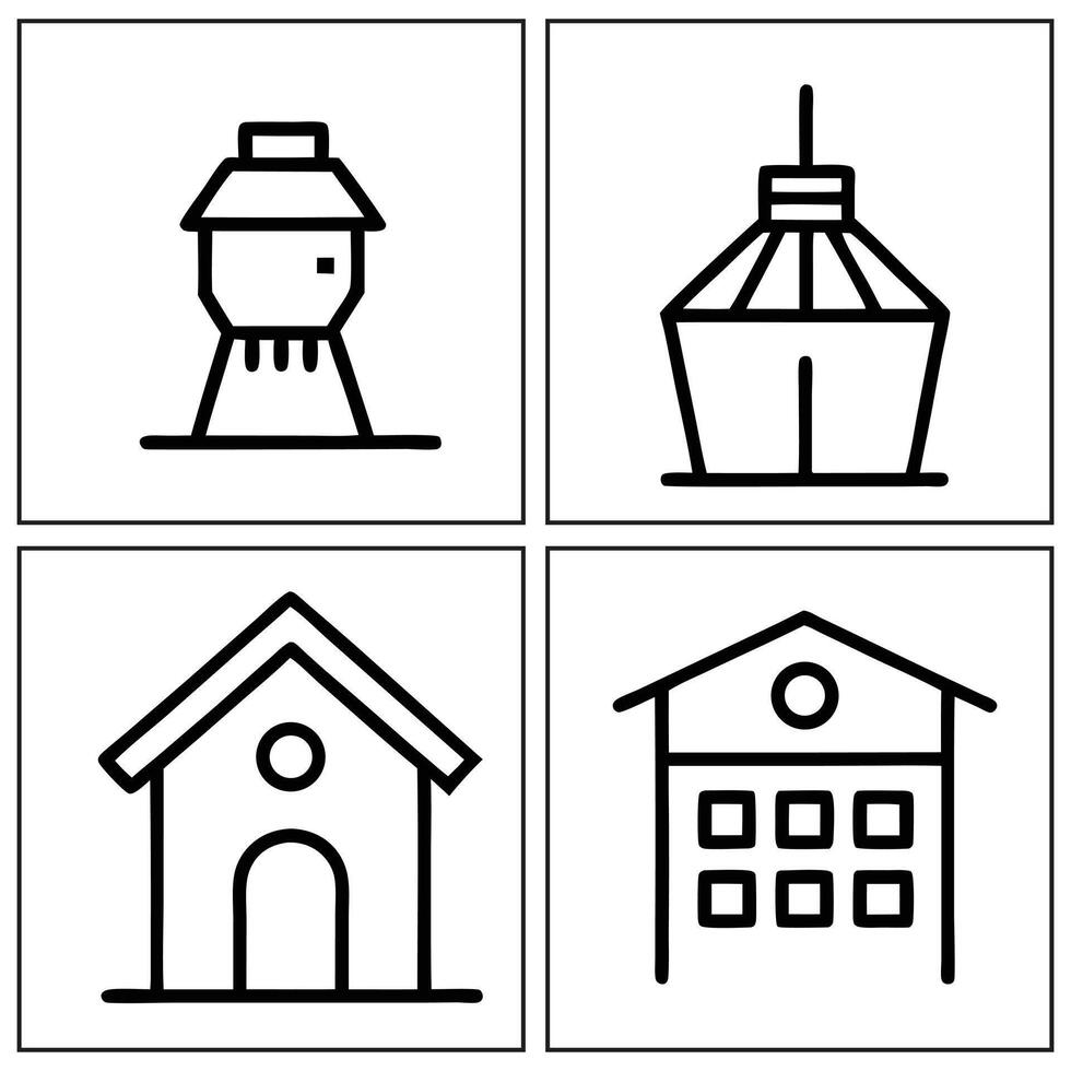 four houses and a water tower in a line style vector