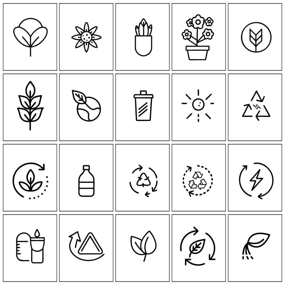 ecology icons set, including plants, trees, and other items vector