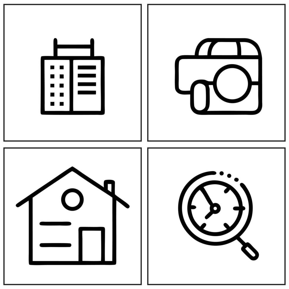 four icons of a house, camera, clock and a compass vector