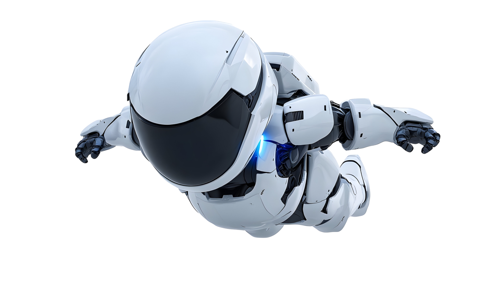 Futuristic robotic figure in flight against a backdrop of contrasting colors. png