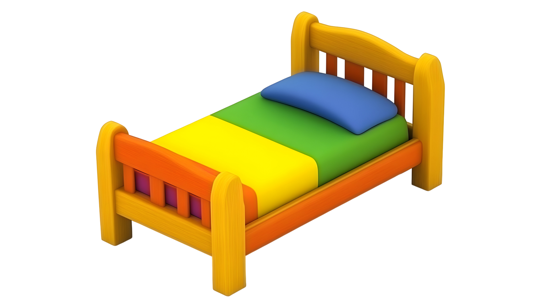 Colorful children's bed with vibrant bedding and wooden frame. png