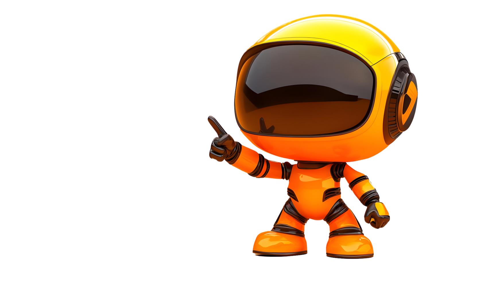 Vibrant orange robot figure pointing with a futuristic design. png