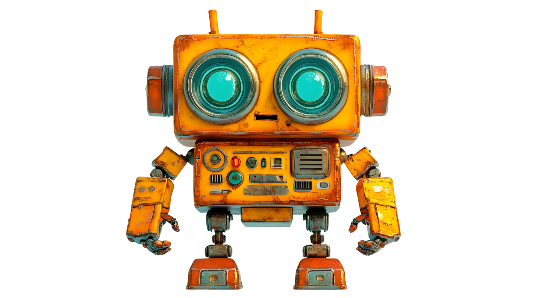 Playful, retro-futuristic robot figure with expressive features. png