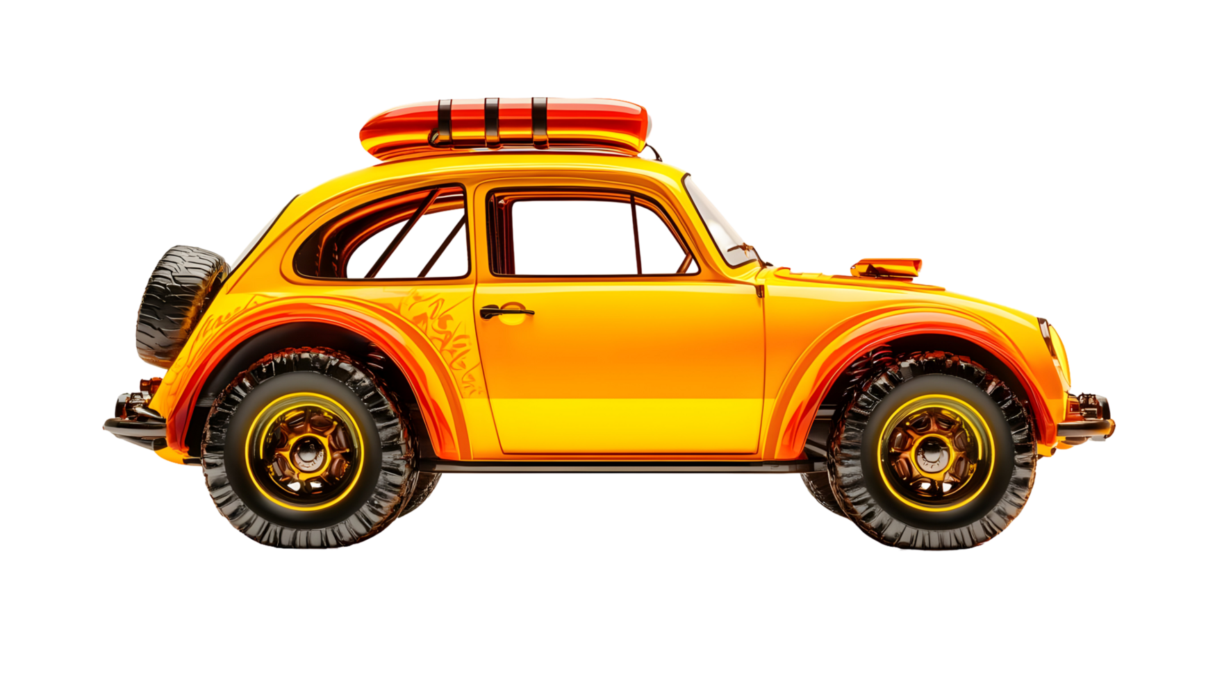 Vibrant yellow off-road car with orange accents and luggage. png