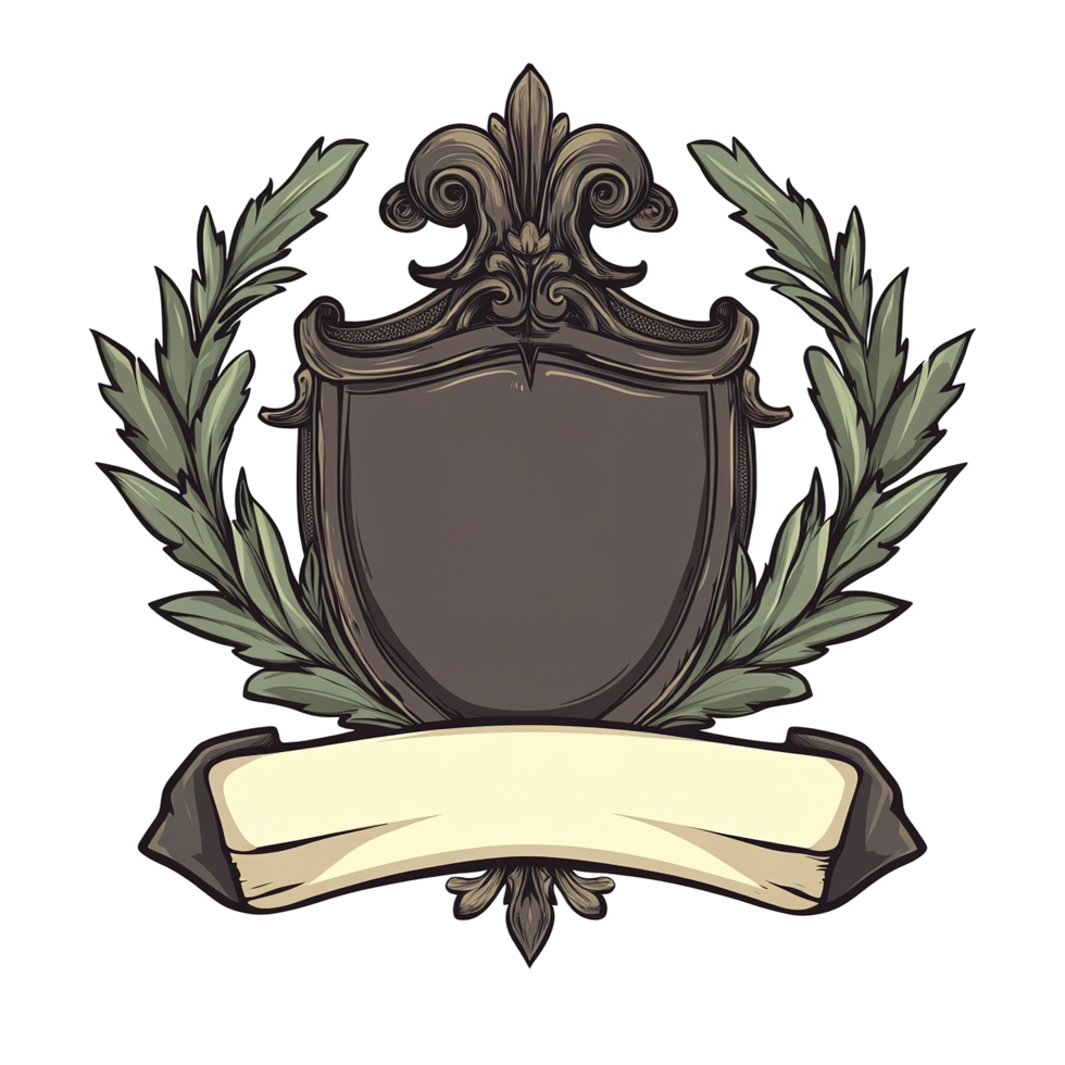 Detailed illustration depicts an ornate crest with leafy embellishments and banner png