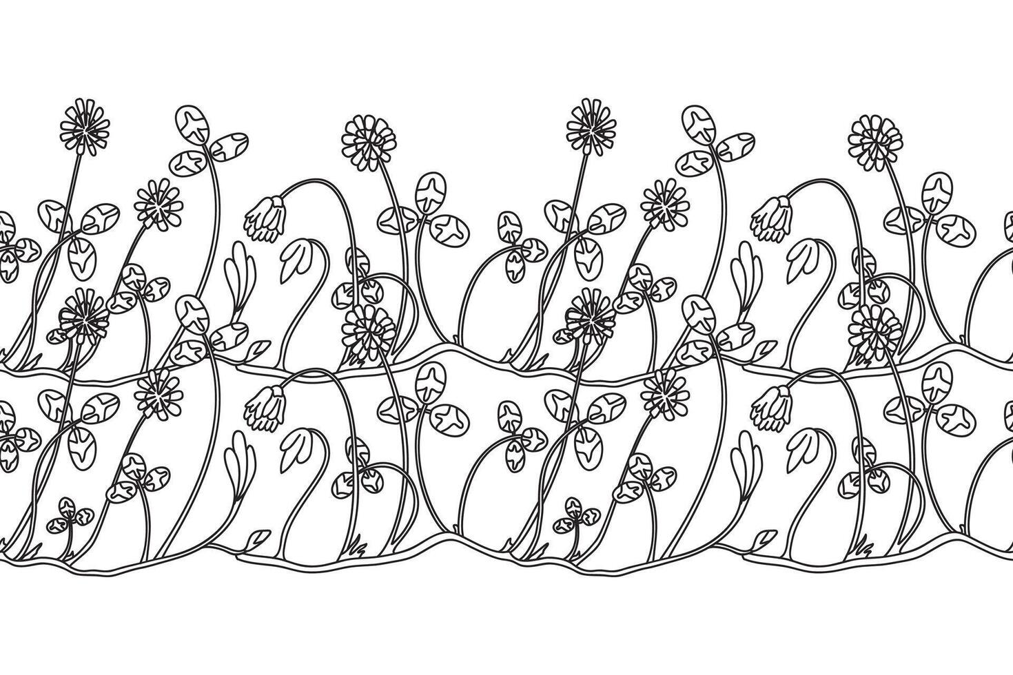 Line art botanical floral border isolated on white background. Hand drawn outline doodle clover plant with Flowers Stems Leaves illustration. Graphic design doodle element for Birthday Wedding Print vector