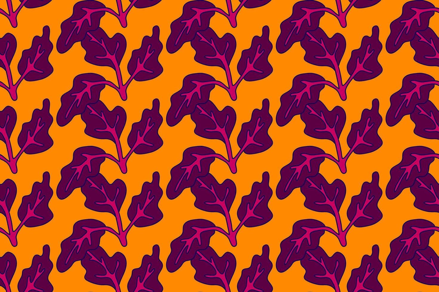 Botanical floral seamless pattern with leaves illustration. Colorful repeating purple foliage in orange background. Graphic design for Fashion Cover Textile Birthday Greeting Card Wedding Print vector