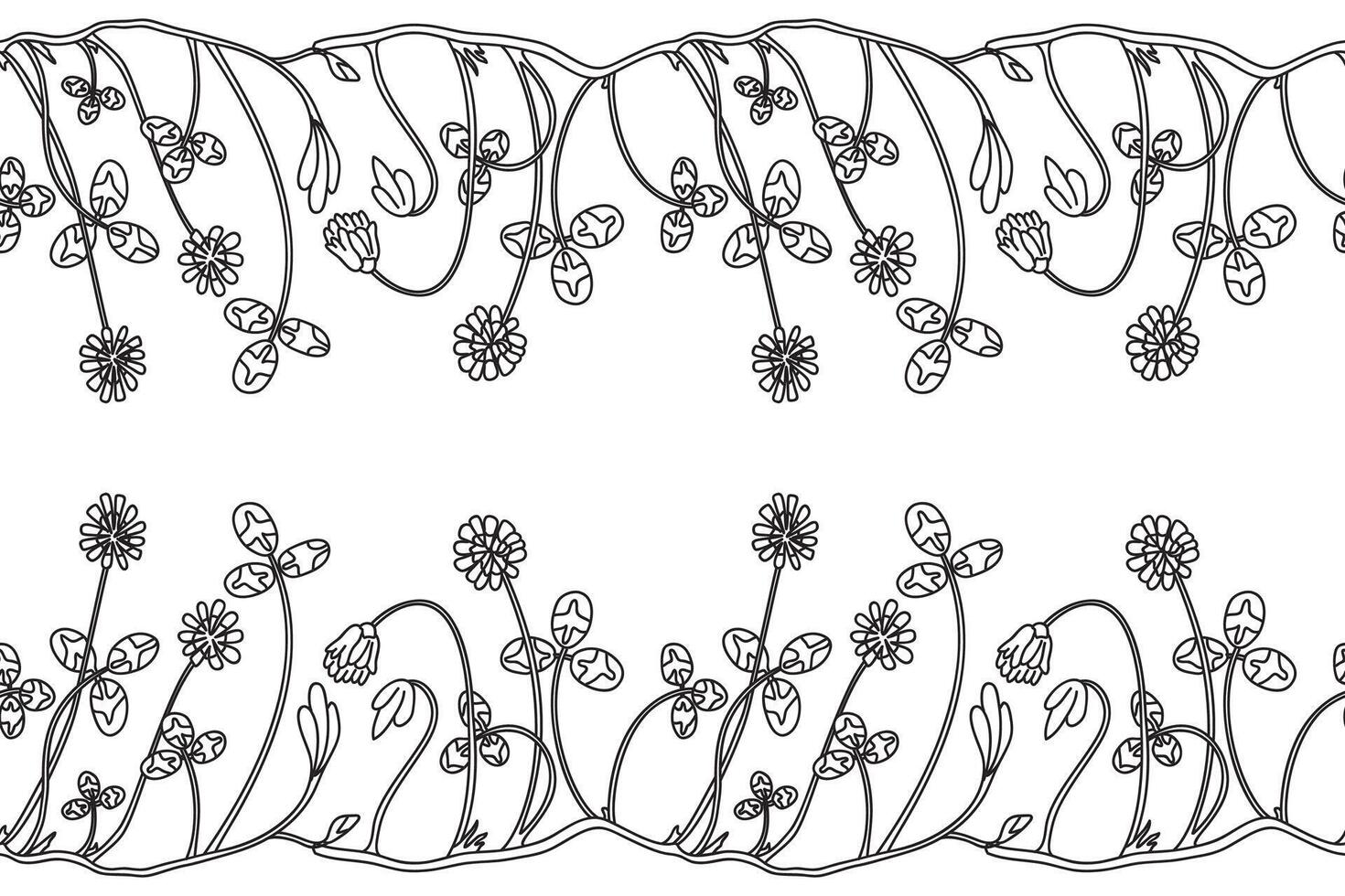 Line art botanical floral border isolated on white background. Hand drawn outline doodle clover plant with Flowers Stems Leaves illustration. Graphic design doodle element for Birthday Card Wedding vector