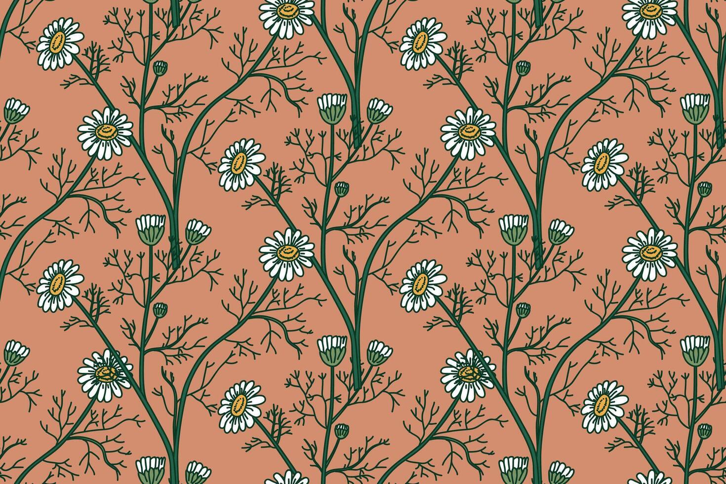 Botanical floral seamless pattern with chamomile flowers illustration. Repeating daisy plants in pastel brown background. Graphic design for Fashion Cover Textile Wedding Greeting Card Print vector