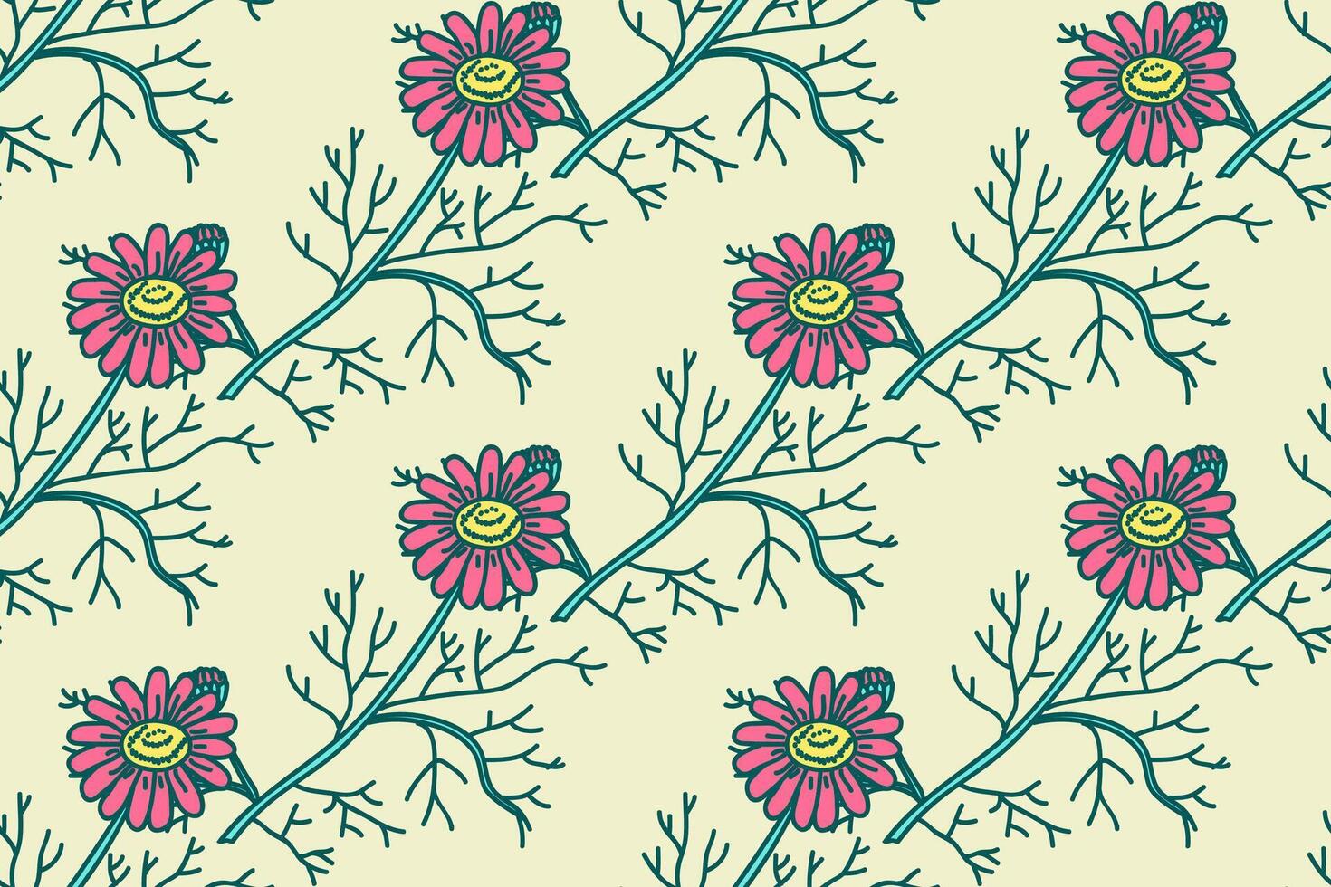 Botanical floral seamless pattern with pink daisy flowers illustration. Repeating chamomile plants in beige background. Graphic design for Fashion Cover Textile Wedding Greeting Card Print vector