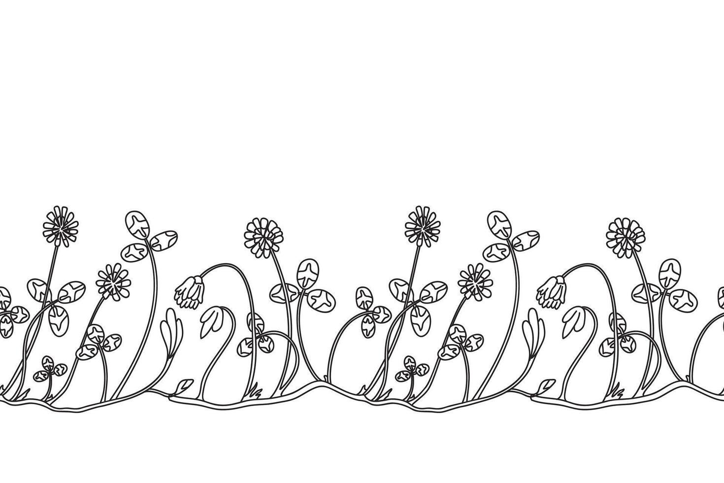 Line art botanical floral border isolated on white background. Hand drawn outline doodle clover plant with Flowers Stems Leaves illustration. Graphic design doodle element for Birthday Wedding Card vector