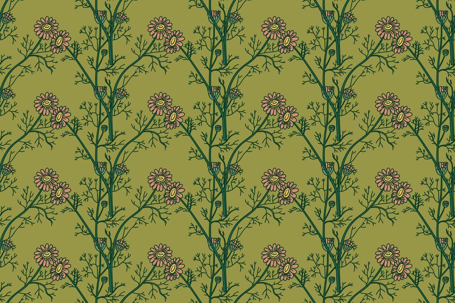 Botanical floral seamless pattern with chamomile flowers illustration. Repeating daisy plants in pastel green background. Graphic design for Fashion Cover Textile Wedding Greeting Card Print vector