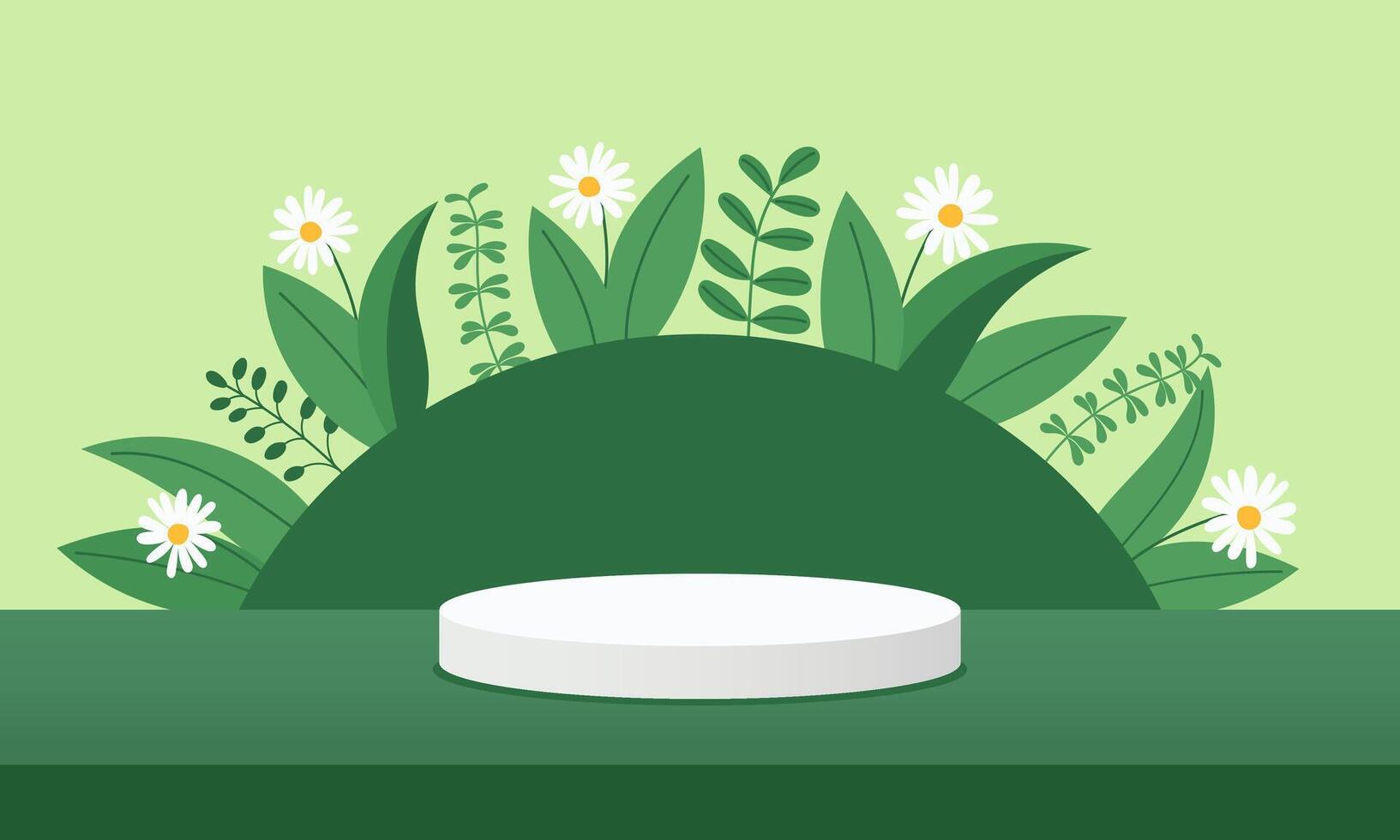 Mockup of white round podium on green ecological background with leaves and flowers. Hand drawn template. Place for advertise products. vector