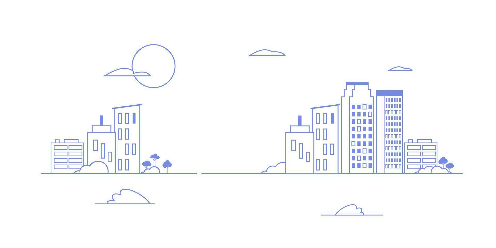 City buildings silhouette in line art style. Cityscape skyline business background Illustration. Urban landscape in monochrome vector