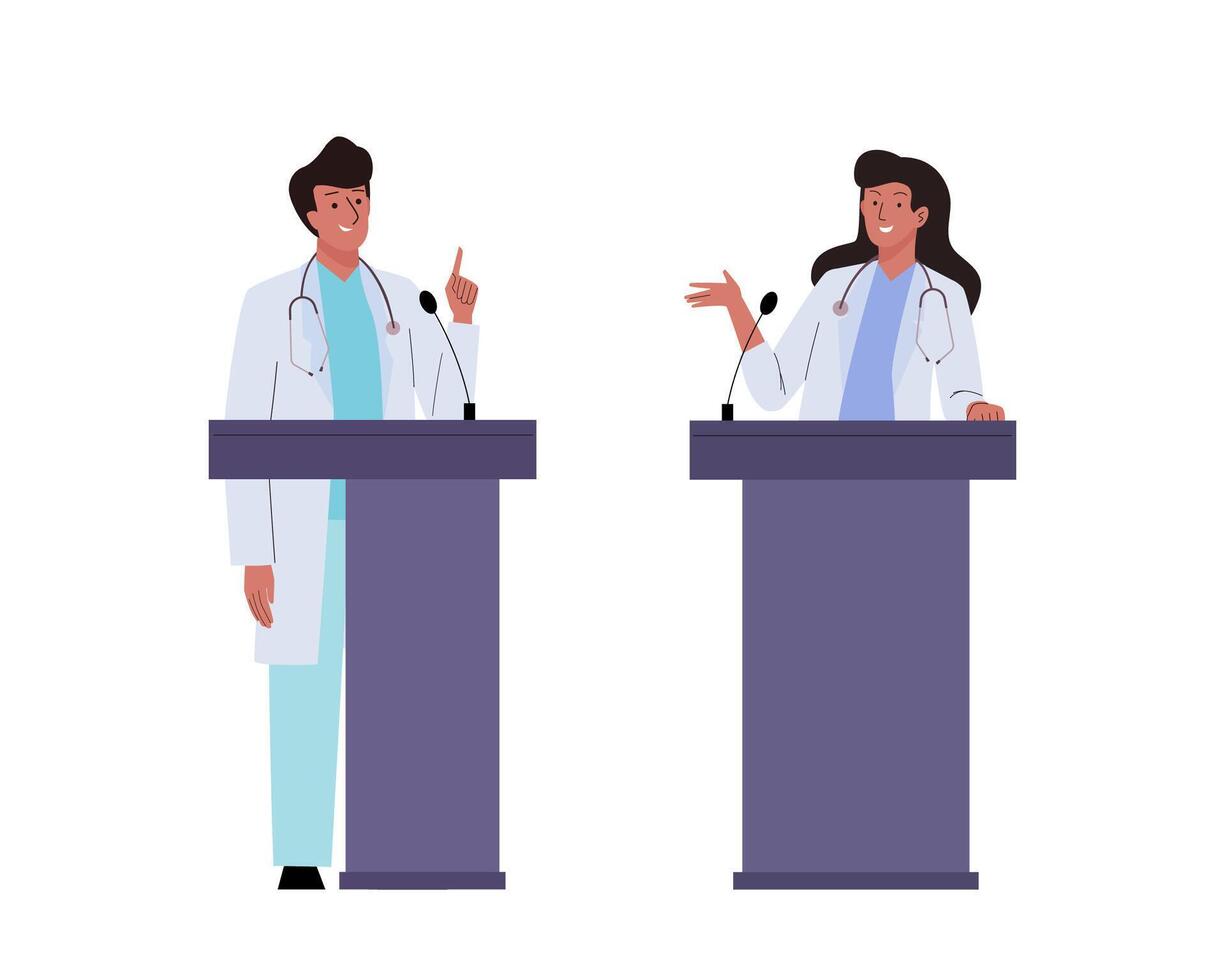 Medicine conference. Female and male doctor standing at podium and giving a speech for audience. Two doctors have professional medicine dialogue. Presentation medical scientific research. Flat vector